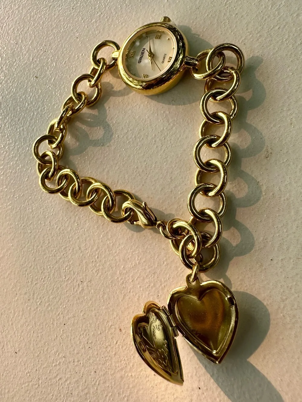 Gold-Tone Heart Charm Bracelet Watch - Unbranded